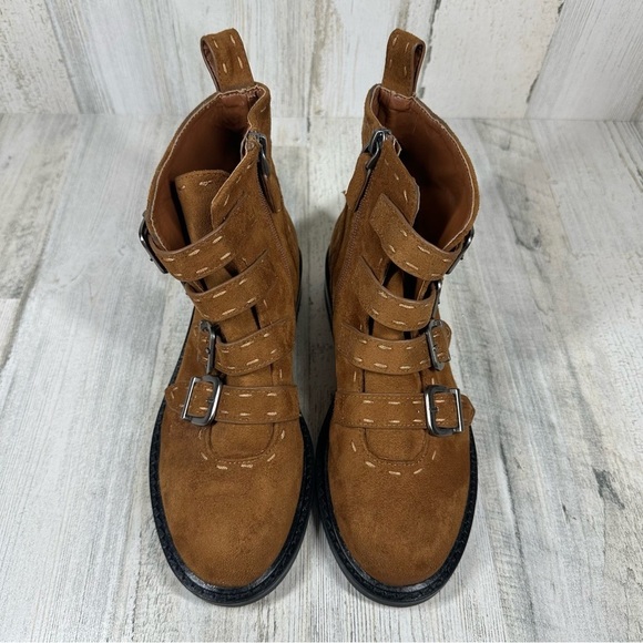 New Aerosoles Arezzo Faux Brown Suede Biker Bootie with Buckles #723 - Picture 3 of 13